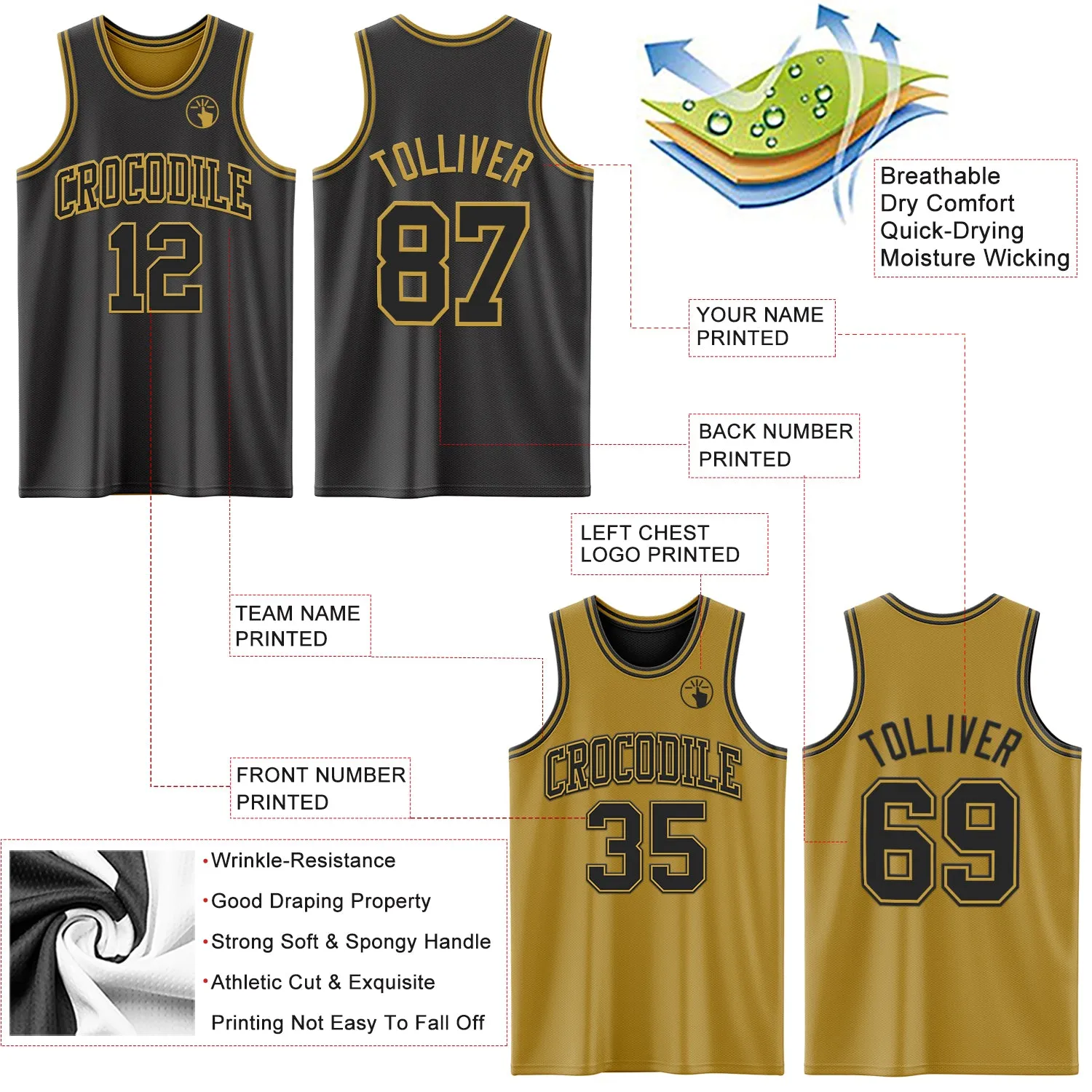 Custom Reversible Black Old Gold Double Side Basketball Jersey