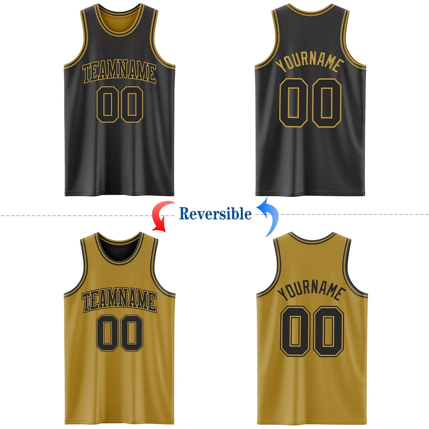 Custom Reversible Black Old Gold Double Side Basketball Jersey