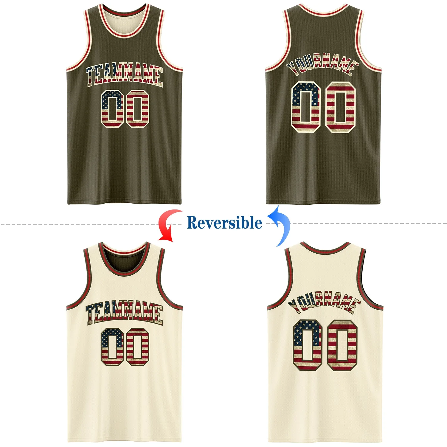 Custom Reversible Olive Vintage USA Flag Cream-Red Double Side Salute To Service Basketball Jersey