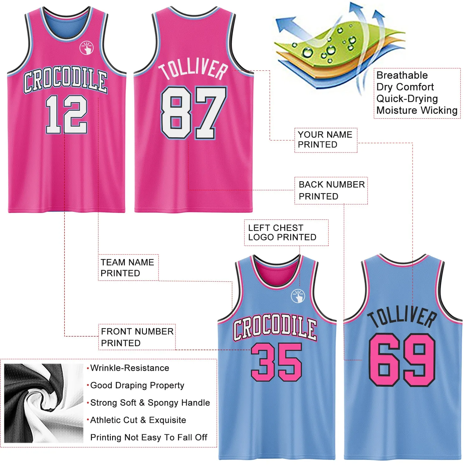 Custom Reversible Pink Black-Light Blue Double Side Basketball Jersey